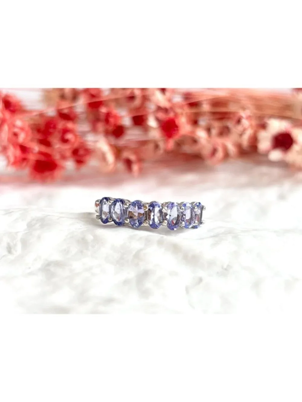 Tanzanite Gemstone Oval Cut Row Set Sterling Silver 925 Vintage Ring - sz 10